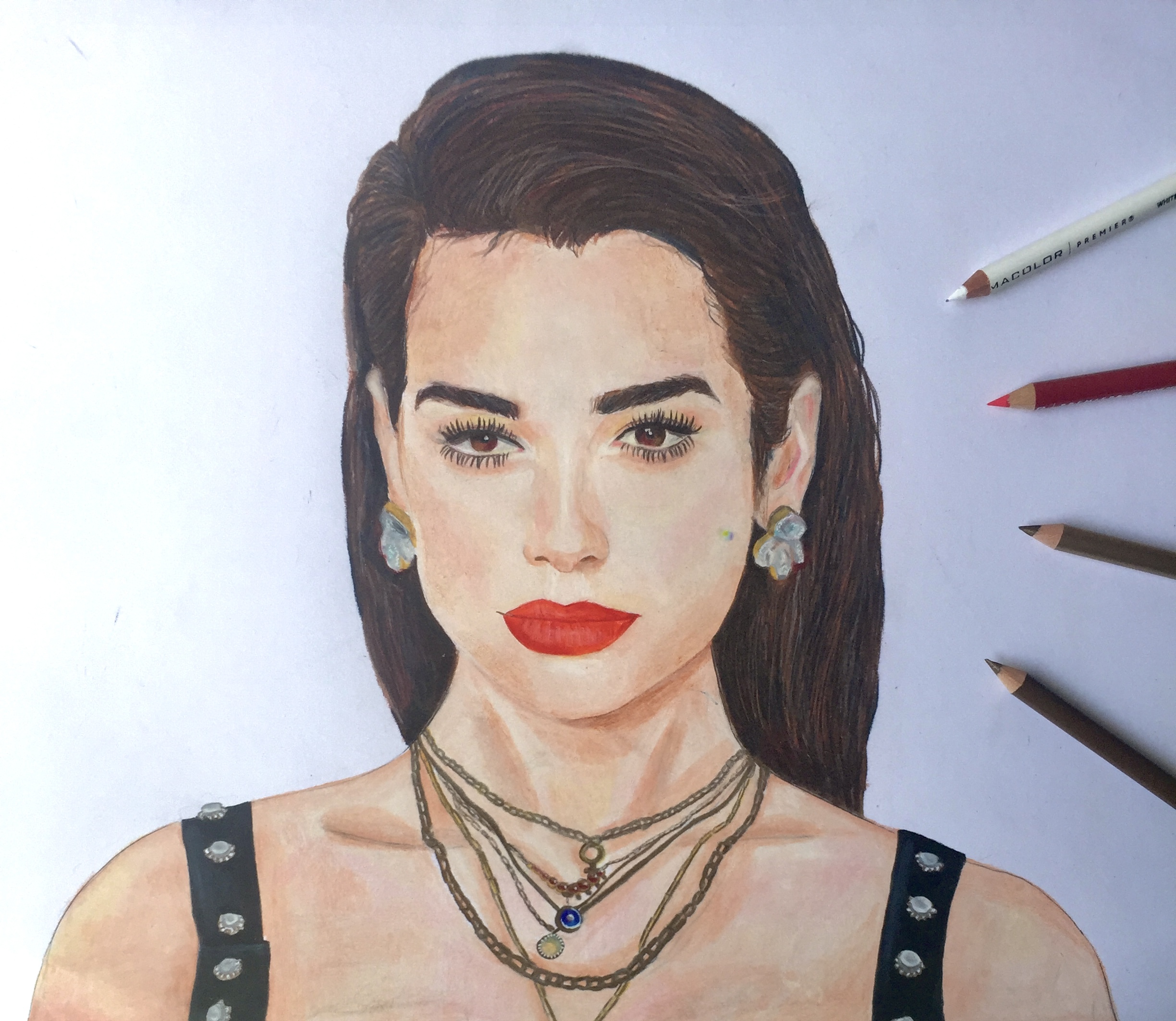 Colored-pencil portrait of singer Dua Lipa wearing layered chain necklaces