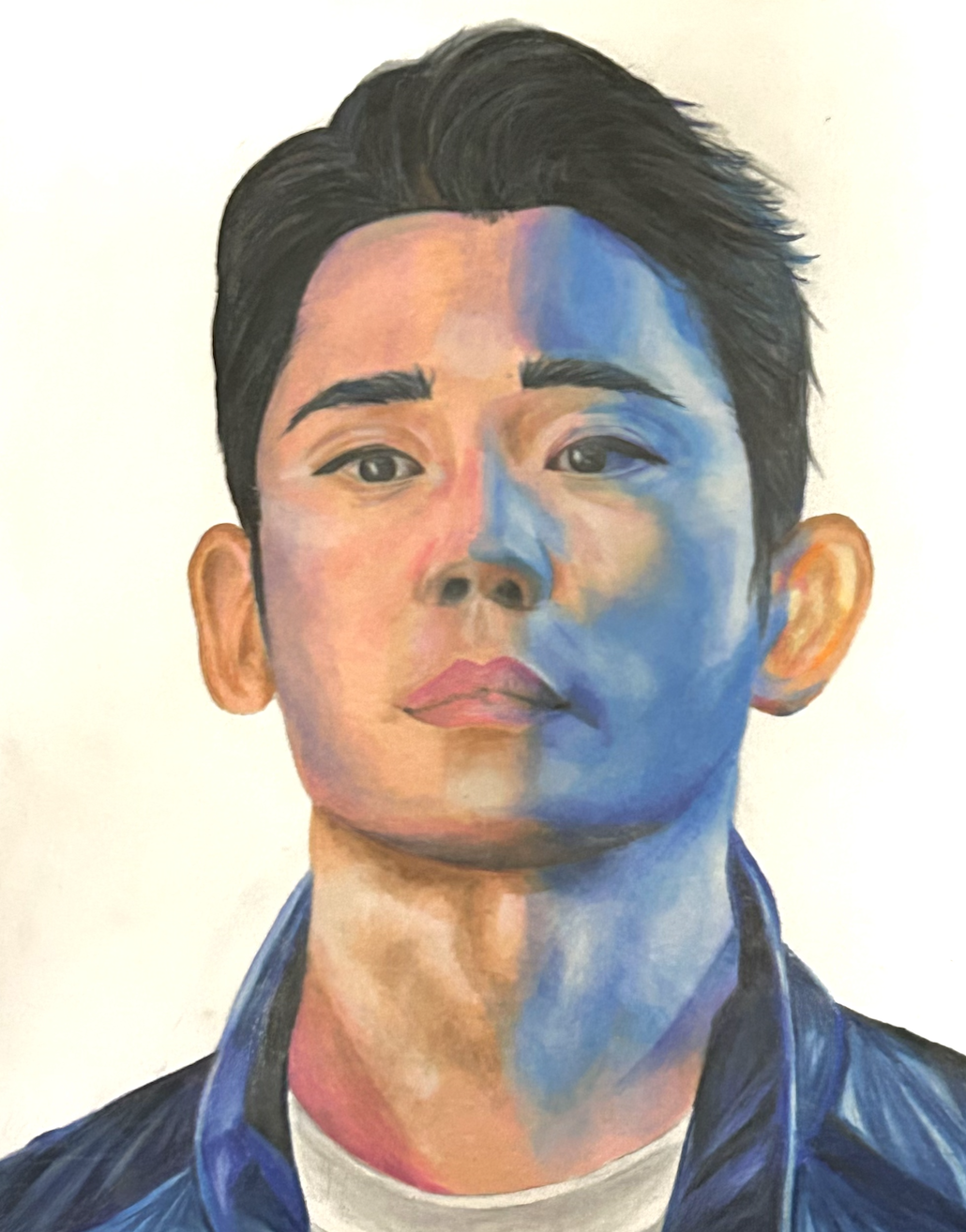 Colored-pencil portrait of actor Jung Hae In lit by warm light on one side and blue shadow on the other