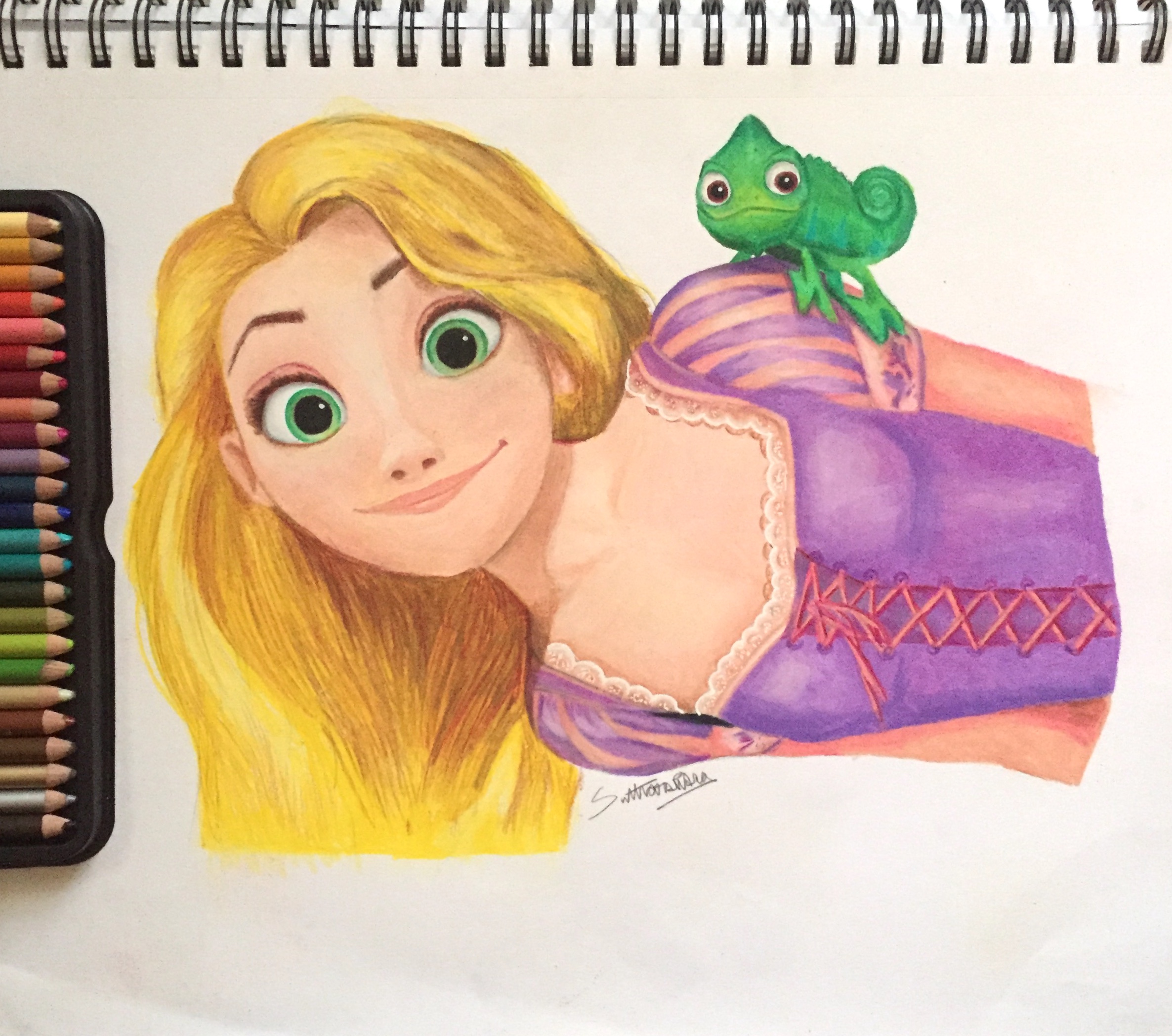 Colored-pencil drawing of Rapunzel with Pascal on her shoulder