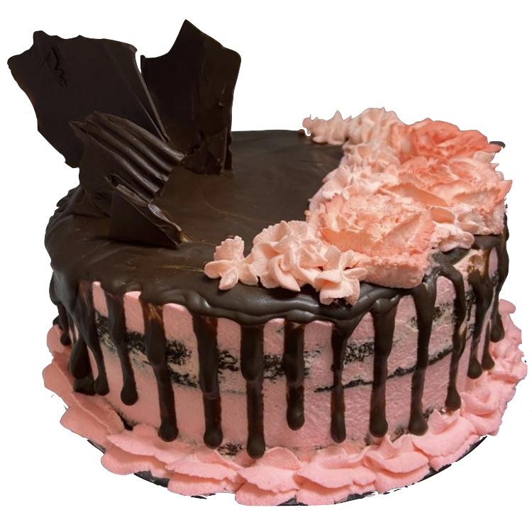 Pink buttercream cake with a dark chocolate drip and chocolate shards