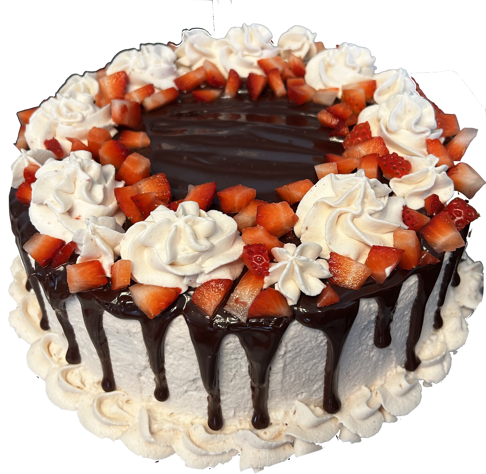 Strawberry chocolate-drip cake with fresh strawberries over whipped cream